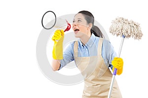 Cleaning woman washing floor with mop