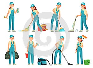 Cleaning workers. Professional cleaning staff, domestic cleaner worker and cleaners equipment. Home clean cartoon vector set