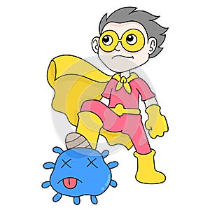 Cleanliness superhero bravely eradicates viruses and naughty germs, doodle icon image kawaii