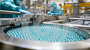 Cleanroom Biopharmaceutical Production Process with Workers in Protective Equipment photo
