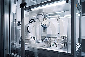 cleanroom robot performing maintenance on scientific equipment, ensuring accuracy and precision