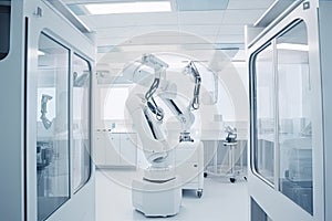 cleanroom robot performing maintenance on scientific equipment, ensuring accuracy and precision
