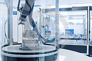 cleanroom robot performing maintenance on scientific equipment, ensuring accuracy and precision