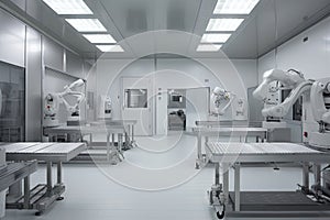cleanroom with robots performing exacting and repetitive tasks, such as loading or unloading supplies