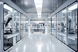 cleanroom with robots performing exacting and repetitive tasks, such as loading or unloading supplies