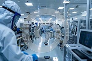 Cleanroom Workers Manufacturing High-Tech Components in a Modern Facility