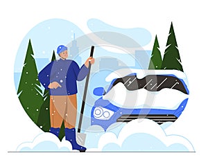 Cleans car from snow vector concept