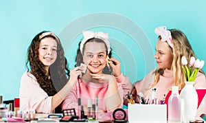 Cleanse carefully. Beauty and fashion. Girls doing makeup together. Sisterhood happiness. Kids makeup. Skin care concept