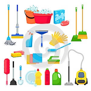 Cleansers and detergent in bottles, house cleaning tools and supplies for housework. Vector isolated design elements