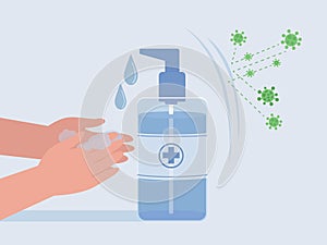 Cleansing hand with alcohol based hand sanitizer make virus reflection.Virus protection.