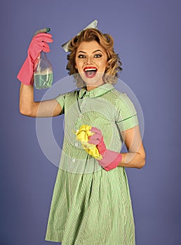 Cleanup, cleaning services, wife, gender. Pinup woman hold soup bottle, duster. Cleaning, retro style, purity.
