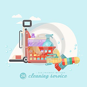 Cleanup concept. Cleaning service 24 hours vector illustration in modern flat design.