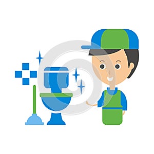 Cleanup Service Worker And Clean Toilet, Cleaning Company Infographic Illustration