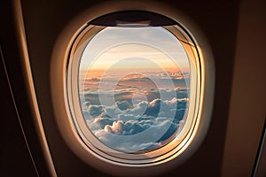 Clear airplane window frames a breathtaking view of the vast sky, stretching endlessly in all directions. A serene blue