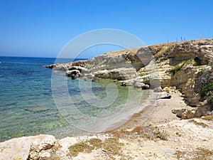 Clear azure sea water landskape and rocks near Crete coast, Greece