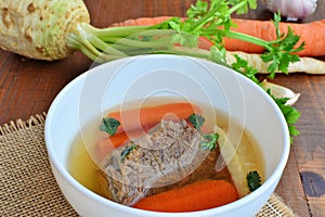 Clear beef broth, bone broth, bouillon with meat and vegetables