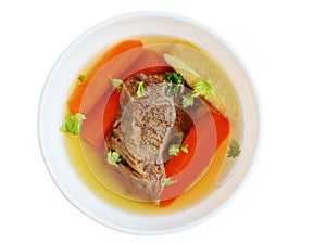 Clear beef broth, bone broth, bouillon with meat and vegetables