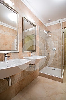 Clear and beige bathroom