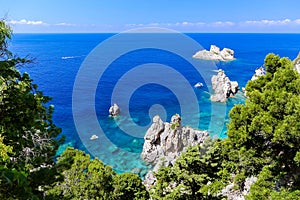 Clear blue greek rocky coast at paleokastritsa