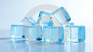 Clear blue ice cubes on reflective surface with soft light
