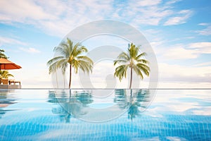 clear blue infinity pool with palm trees reflection