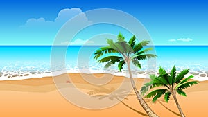 Clear blue sea, two coconut palm tree on sandy beach. Seamless horizontal tropical landscape