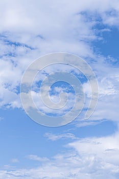 Clear blue sky and beautiful white clouds. Cumulus cloud, nature background. Cloudscape. Abstract wallpaper, heaven pattern.