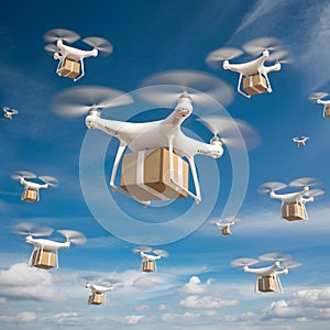Clear blue sky dotted with white drones carrying rectangular brown packages