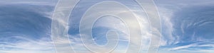 Clear blue sky with halo sun. Seamless hdri panorama 360 degrees angle view with zenith for use in 3d graphics or game development