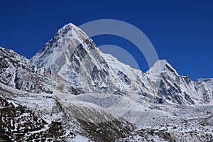 Clear blue sky over Mount Pumori, Nepal