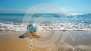 Clear blue sky over a sandy beach with a globe, embodying ocean protection for World Oceans Day