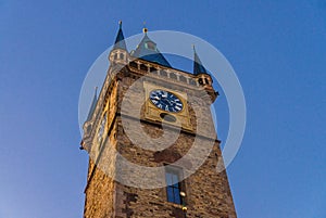 Clear blue sky of Prague, Main tower of the Old Town Hall, City Hall is made in Gothic Style, Prague chimes