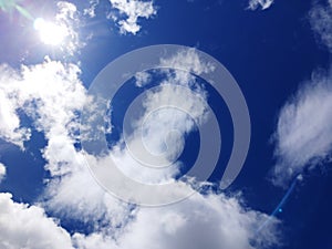 Clear blue Sky and puffy clouds.