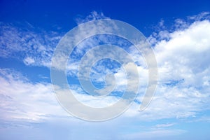 Clear blue sky and white clouds background, cloudy daytime cyan cosmos banner, cloudless climate wallpaper