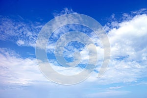 Clear blue sky and white clouds background, cloudy daytime cyan cosmos banner, cloudless climate wallpaper photo