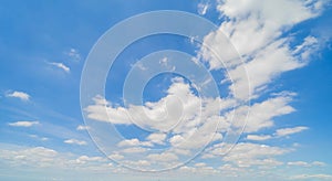 Clear blue sky with white fluffy clouds at noon. Day time. Abstract nature landscape background