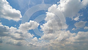 Clear blue sky with white fluffy clouds at noon. Day time. Abstract nature landscape background