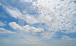 Clear blue sky with white fluffy clouds at noon. Day time. Abstract nature landscape background