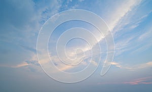 Clear blue sky with white fluffy clouds at noon. Day time. Abstract nature landscape background