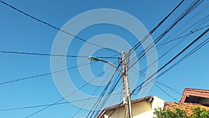 Clear blue sky and wired pole