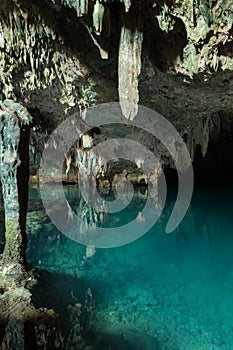 A clear blue underground lake popular with swimmers in Gua Rangko Rangko Cave near Labuan Bajo, Flores, Indonesia photo