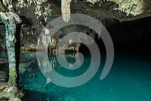 A clear blue underground lake popular with swimmers in Gua Rangko Rangko Cave near Labuan Bajo, Flores, Indonesia