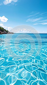 A clear blue water with a white sandy beach in the background, AI