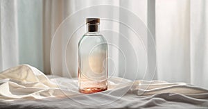 Clear Bottle of Micellar Water on Soft White Fabric, Copy Space photo