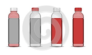 Clear bottle with round screw cap and blank label, realistic mockup. Liquid food product or drink container packaging set, vector