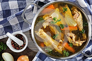 Clear Chicken broth in a pot photo