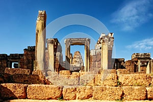 Clear cloudless sky over ancient stone ruins in Cambodia, East Mebon