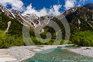 Clear, cold river running through a forested valley. River Azusa, Kamikochi, Japan