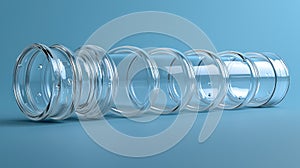 Clear cosmetic containers arranged in a row on a light blue background