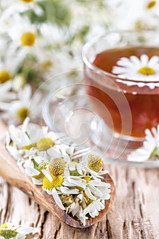 A clear Cup of medicinal chamomile tea on an old wooden table. Health and healthy lifestyle concept